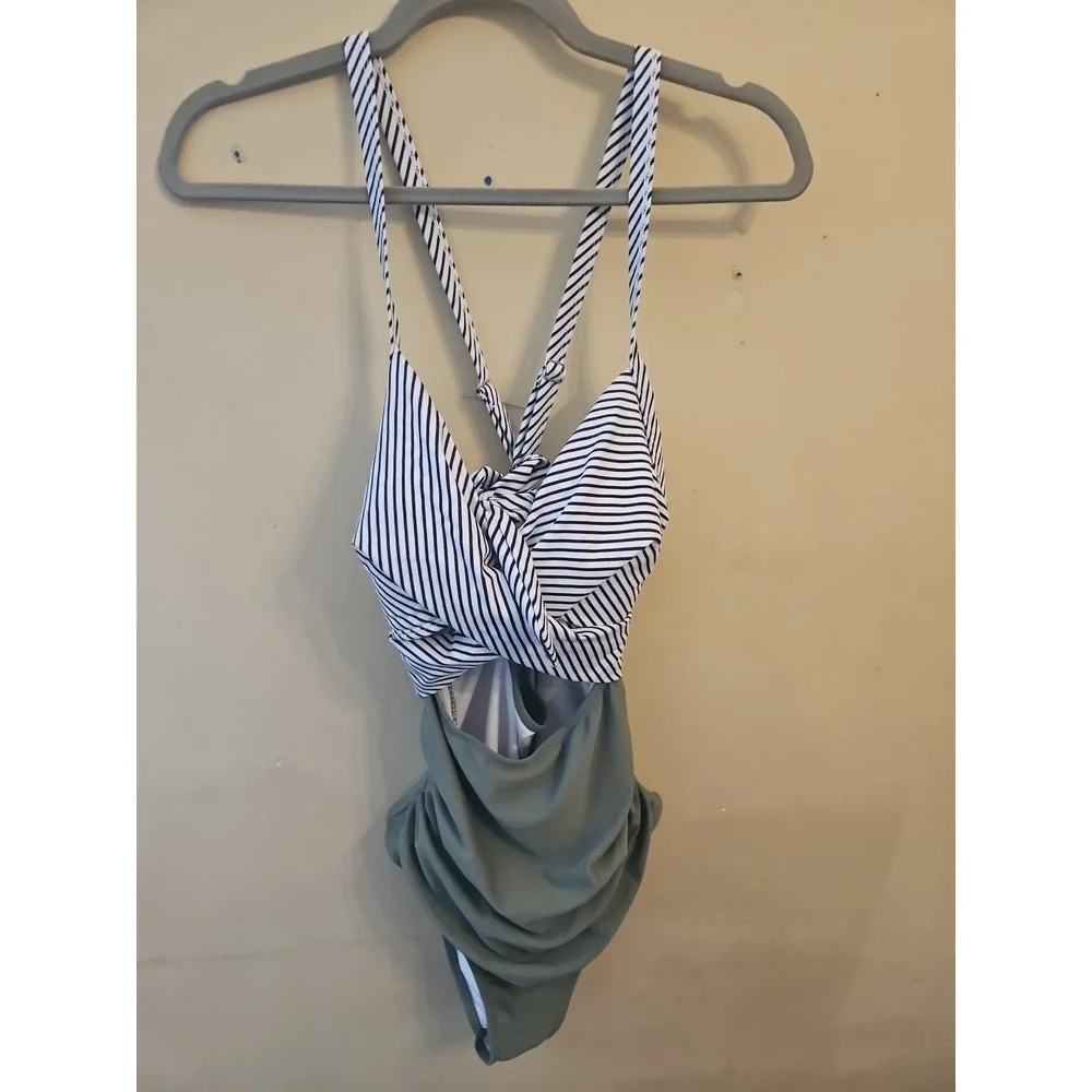 Eomenie Women‎ Swimsuit Oilve Green Black Strips Size Medium